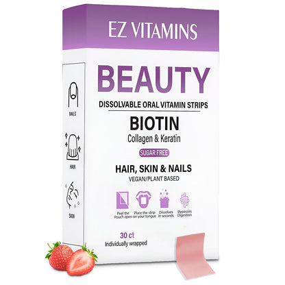 Oral Strips for Hair, Skin & Nails – Biotin, Collagen & Folate | Strawberry Flavor, Sugar Free