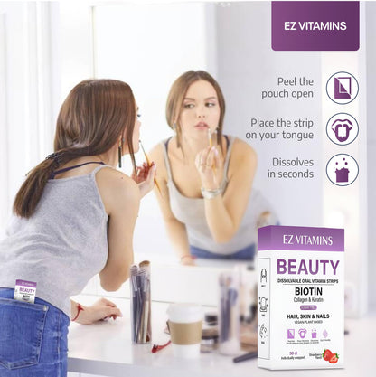 Oral Strips for Hair, Skin & Nails – Biotin, Collagen & Folate | Strawberry Flavor, Sugar Free