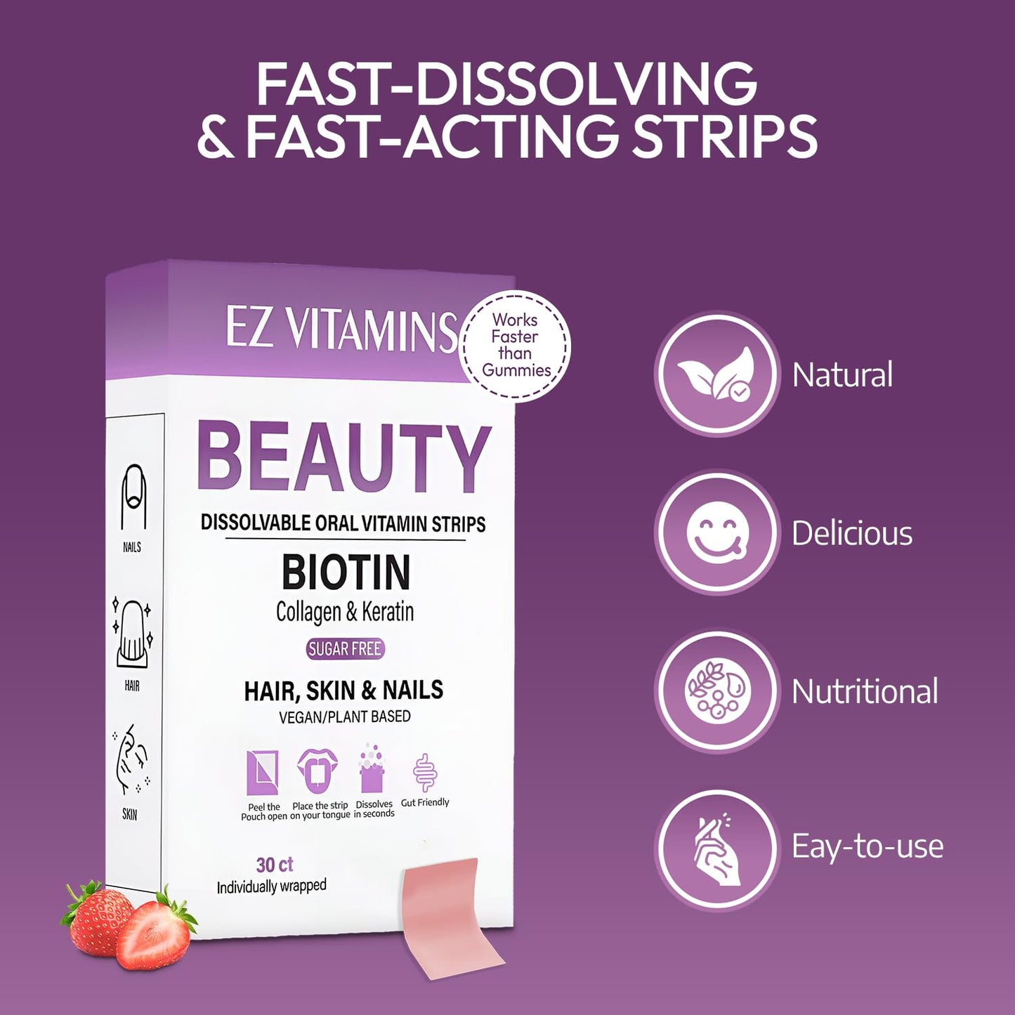 Oral Strips for Hair, Skin & Nails – Biotin, Collagen & Folate | Strawberry Flavor, Sugar Free