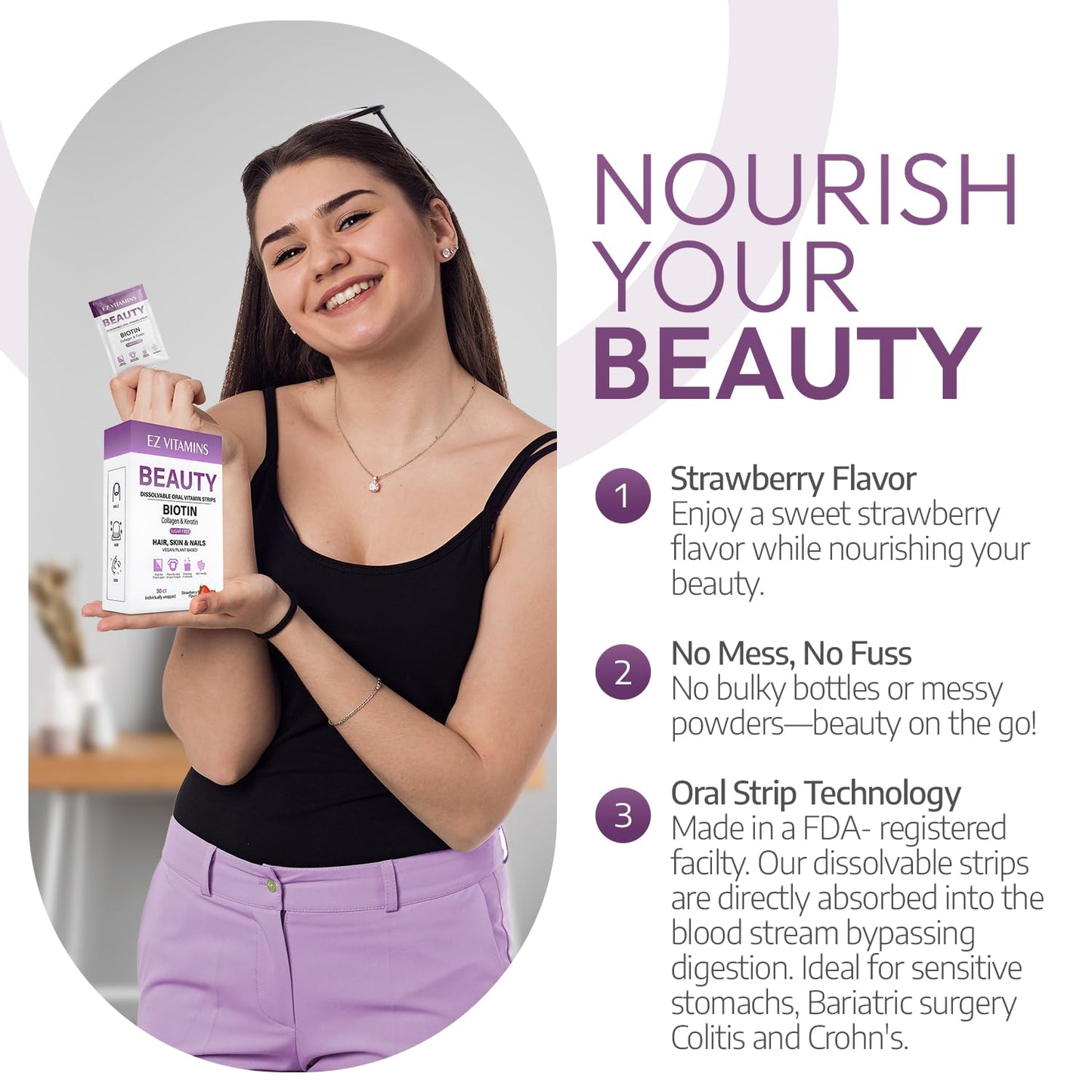 Oral Strips for Hair, Skin & Nails – Biotin, Collagen & Folate | Strawberry Flavor, Sugar Free