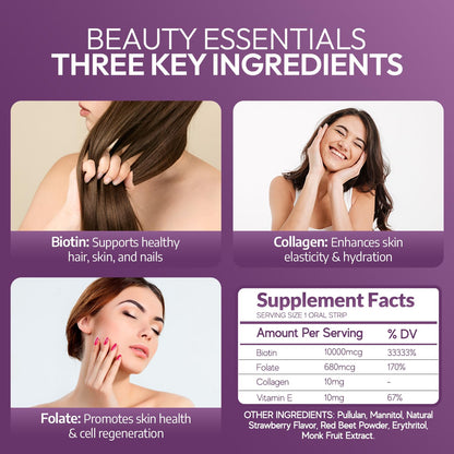 Oral Strips for Hair, Skin & Nails – Biotin, Collagen & Folate | Strawberry Flavor, Sugar Free