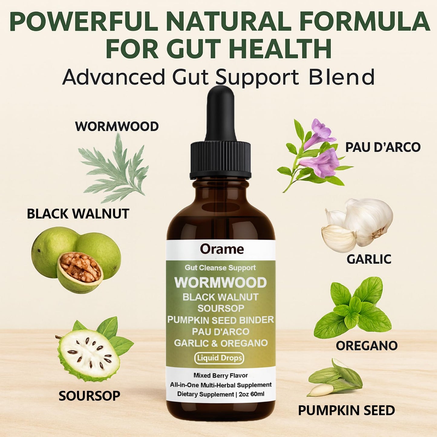 Orame Wormwood Gut Cleanse Liquid Drops – Prozen Wormwood, Black Walnut, Clove, Soursop, 2 oz