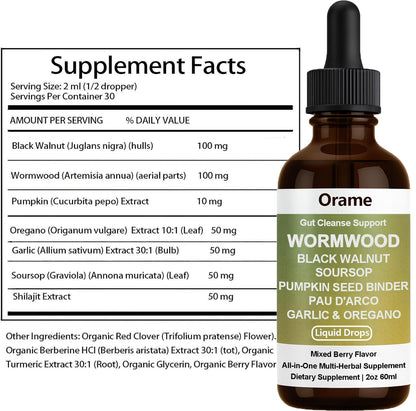 Orame Wormwood Gut Cleanse Liquid Drops – Prozen Wormwood, Black Walnut, Clove, Soursop, 2 oz