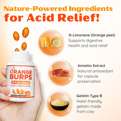 Orange Burps | D-Limonene Soft Gels for Heartburn Relief, GERD Support & Digestive Comfort | 1,000 mg