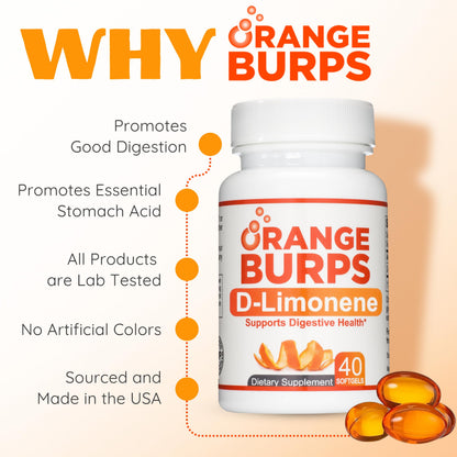 Orange Burps | D-Limonene Soft Gels for Heartburn Relief, GERD Support & Digestive Comfort | 1,000 mg