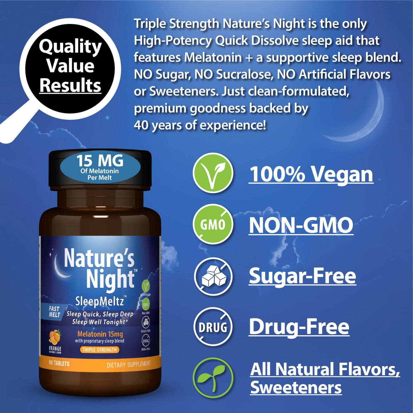 Nature's Night Melatonin 15mg Quick-Dissolve | Triple Strength Sleep Support, Orange Flavor, 90 Count – Sugar Free, Vegan, Non-GMO, Drug Free