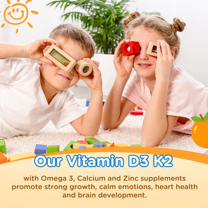 Vitamin D3 K2 Drops for Kids – Vegan Non-GMO Orange 2oz | Supports Calcium Absorption, Bones, Brain & Immunity