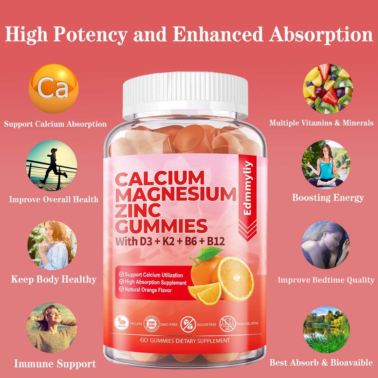 Sugar Free Calcium Magnesium Zinc Gummies with Vitamin D3 & B12 – Immune Support (120 Count)