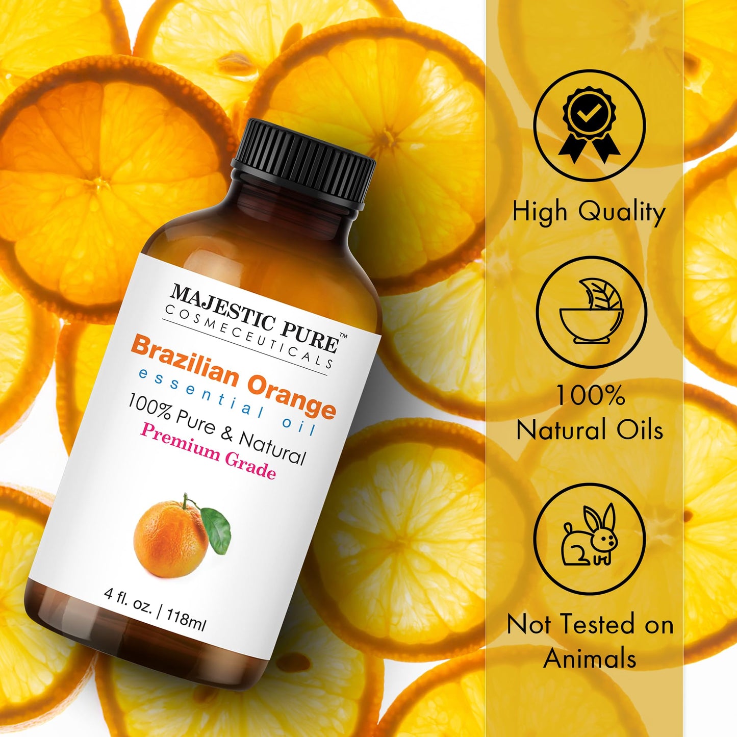 Majestic Pure Brazilian Orange Essential Oil with Glass Dropper - 100% Pure & Natural (4 Fl Oz) for Diffuser, Aromatherapy, Soap & Candle Making