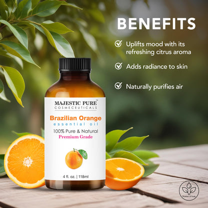 Majestic Pure Brazilian Orange Essential Oil with Glass Dropper - 100% Pure & Natural (4 Fl Oz) for Diffuser, Aromatherapy, Soap & Candle Making