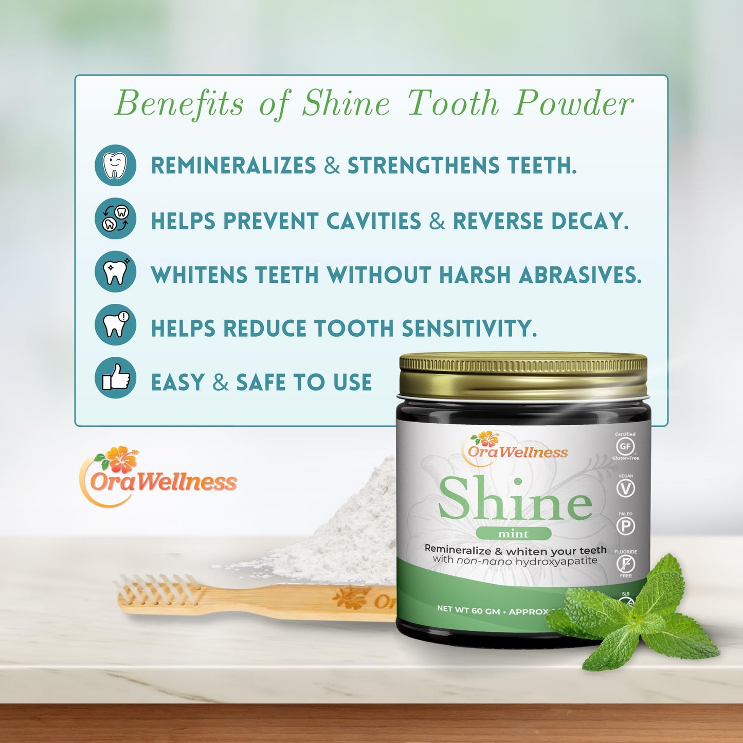 OraWellness Shine Remineralizing Tooth Powder with Hydroxyapatite | Made in USA | Fluoride Free Whitening & Stain Remover