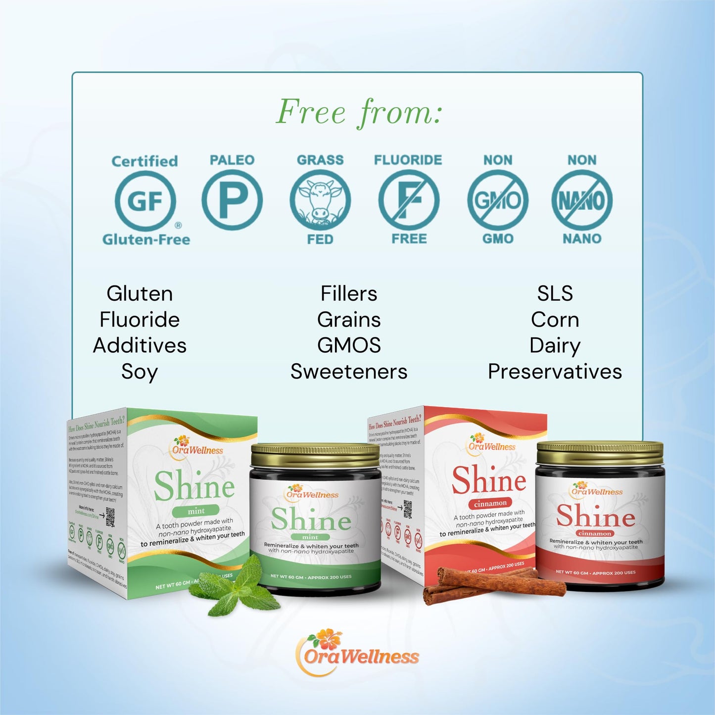 OraWellness Shine Remineralizing Tooth Powder with Hydroxyapatite | Made in USA | Fluoride Free Whitening & Stain Remover