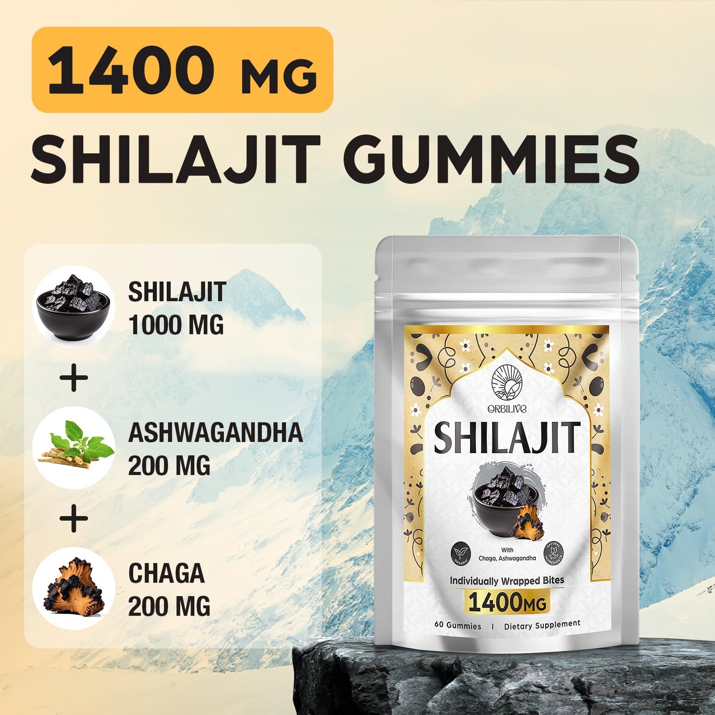 ORBILIVE 1400 MG Shilajit Gummies – Pure Himalayan Shilajit with Ashwagandha, 60 Counts, Sugar-Free