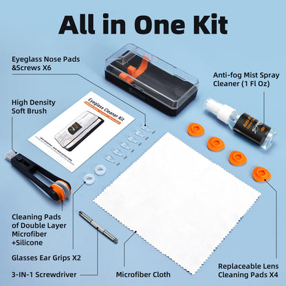 Ordilend Glasses Cleaner Kit – 24H Anti-Fog Spray, Microfiber Cloth & Repair Tools