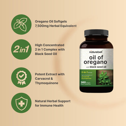NatureBell Oregano Oil 7,500mg with Black Seed Oil | 360 Softgels | Immune Health | Non-GMO