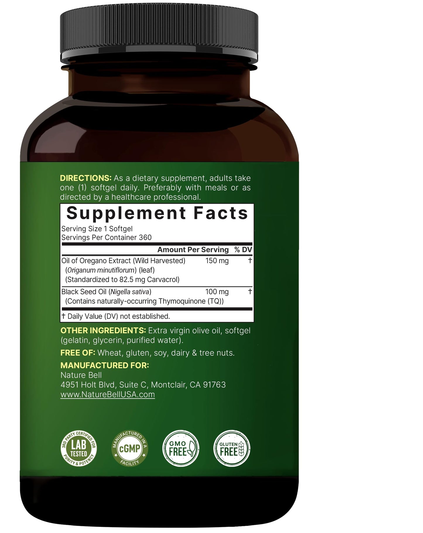 NatureBell Oregano Oil 7,500mg with Black Seed Oil | 360 Softgels | Immune Health | Non-GMO