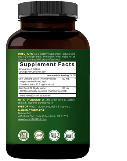 NatureBell Oregano Oil 7,500mg with Black Seed Oil | 360 Softgels | Immune Health | Non-GMO