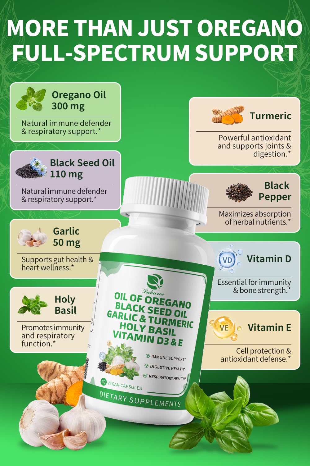 Organic Oil of Oregano Capsules with Black Seed Oil, Garlic, Turmeric, Holy Basil, Vitamin D3, E & Black Pepper – 4 Month Supply (Vegan, Non-GMO)