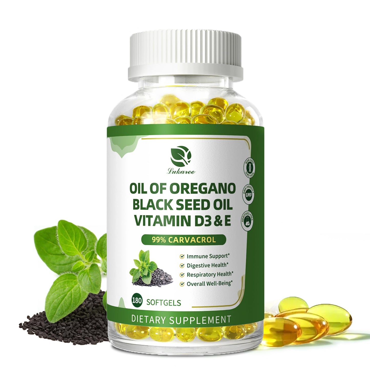 Organic Oregano Oil Capsules + Black Seed Oil | 99% Carvacrol, 180 Softgels