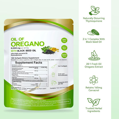 MTMULT Oil of Oregano with Black Seed Oil & Moringa – 6000mg, 180 Softgels (Carvacrol‑Rich, Opaque Packaging)