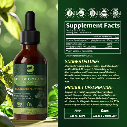 Oregano Oil Drops with Black Seed Oil & Vitamin E – Immune Support | Vegan & Non-GMO | 1 Fl Oz