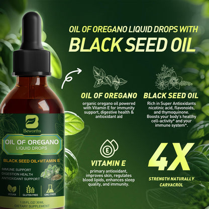 Oregano Oil Drops with Black Seed Oil & Vitamin E – Immune Support | Vegan & Non-GMO | 1 Fl Oz