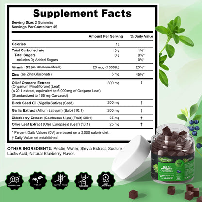 Oregano Oil Gummies with Black Seed – 6-in-1 Immune Support (Sugar-Free) | 90 Chewables