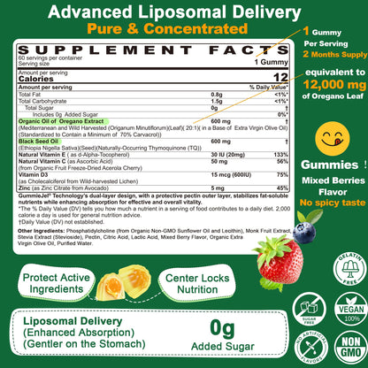 Oil of Oregano with Black Seed Oil Gummies – Liposomal, Sugar Free (2 Months) | Immune Support