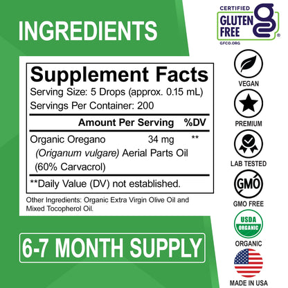 Oregano Oil Organic Liquid Drops – 6 Month Supply | Immune Support, Detox & Gut Health | 1 oz, Vegan, Non-GMO