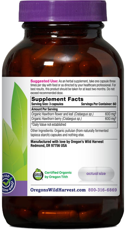 Oregon's Wild Harvest Hawthorn – 180 Vegan Capsules, USDA Organic