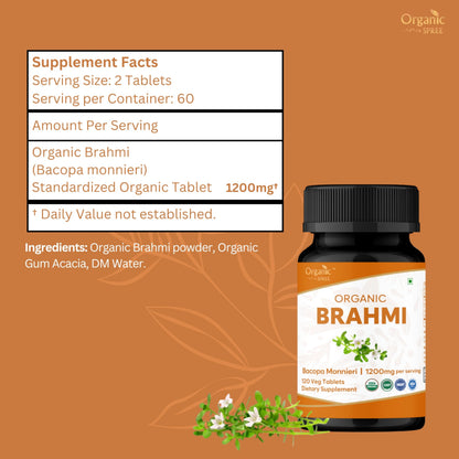 ORGANIC SPREE Brahmi 120 Tablets – USDA Organic Bacopa Monnieri for Focus, Calm & Memory | Herbal Nootropic