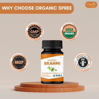 ORGANIC SPREE Brahmi 120 Tablets – USDA Organic Bacopa Monnieri for Focus, Calm & Memory | Herbal Nootropic