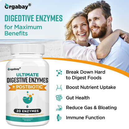 Orgabay Digestive Enzymes 1000mg with Postbiotics | 120 Veggie Capsules