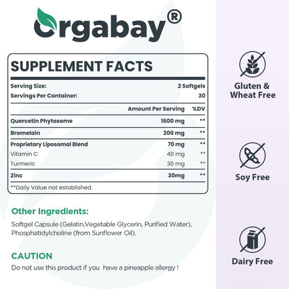 Orgabay Liposomal Quercetin Phytosome 1600 mg - Bromelain 200 mg, Zinc 30 mg, Vitamin C, Turmeric 40 mg | 60 Softgels | Highest Absorption Quercetin Complex
