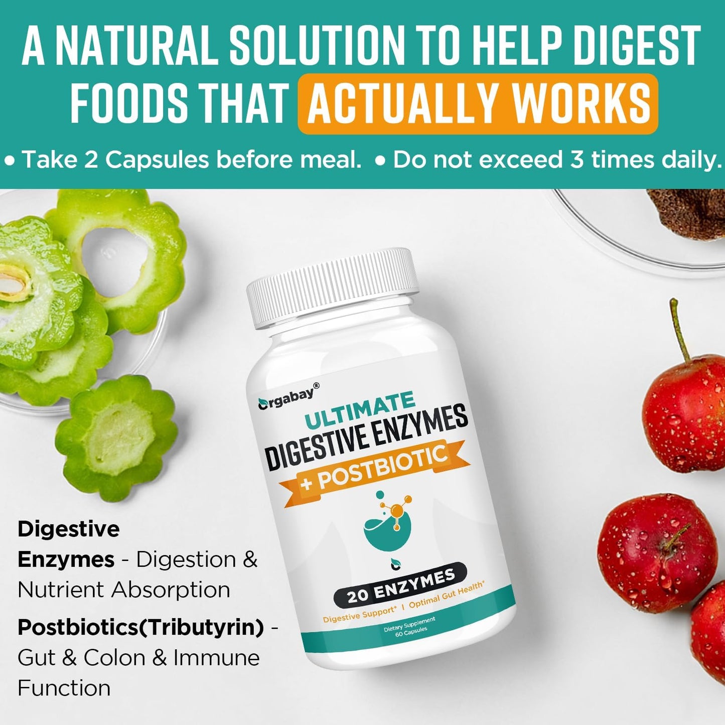 Orgabay Digestive Enzymes 1000mg with Postbiotics | 120 Veggie Capsules