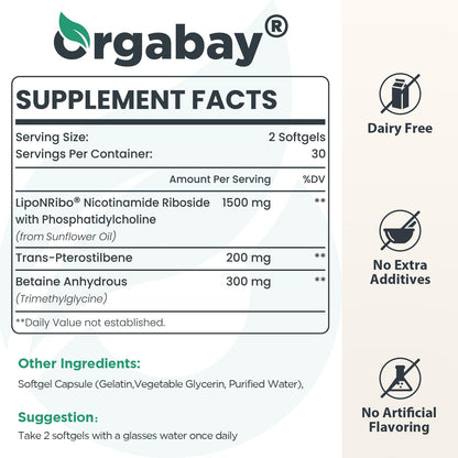 Orgabay Liposomal NAD+ Supplement 500 mg, High Absorption, Boost NAD+ with TMG 250 mg, Actual NAD Plus More Efficient Than Nicotinamide Riboside, Support Cellular Energy, Healthy Aging | 60 Softgels
