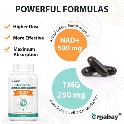 Orgabay Liposomal NAD+ Supplement 500 mg, High Absorption, Boost NAD+ with TMG 250 mg, Actual NAD Plus More Efficient Than Nicotinamide Riboside, Support Cellular Energy, Healthy Aging | 60 Softgels