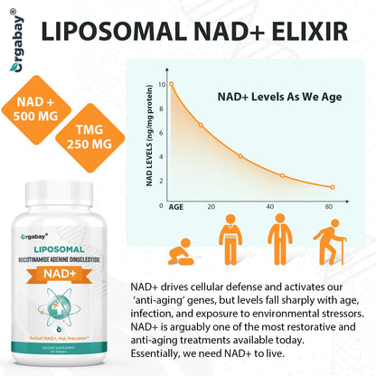 Orgabay Liposomal NAD+ Supplement 500 mg, High Absorption, Boost NAD+ with TMG 250 mg, Actual NAD Plus More Efficient Than Nicotinamide Riboside, Support Cellular Energy, Healthy Aging | 60 Softgels
