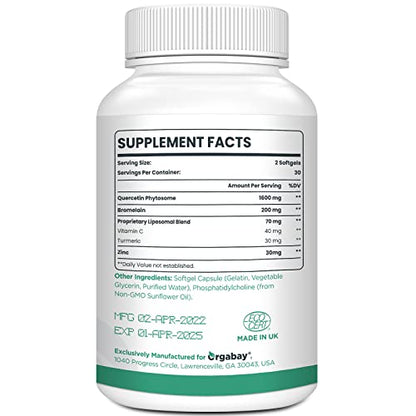Orgabay Liposomal Quercetin Phytosome 1600 mg – Bromelain 200 mg, Zinc 30 mg, Vitamin C, Turmeric 40 mg | 120 Softgels