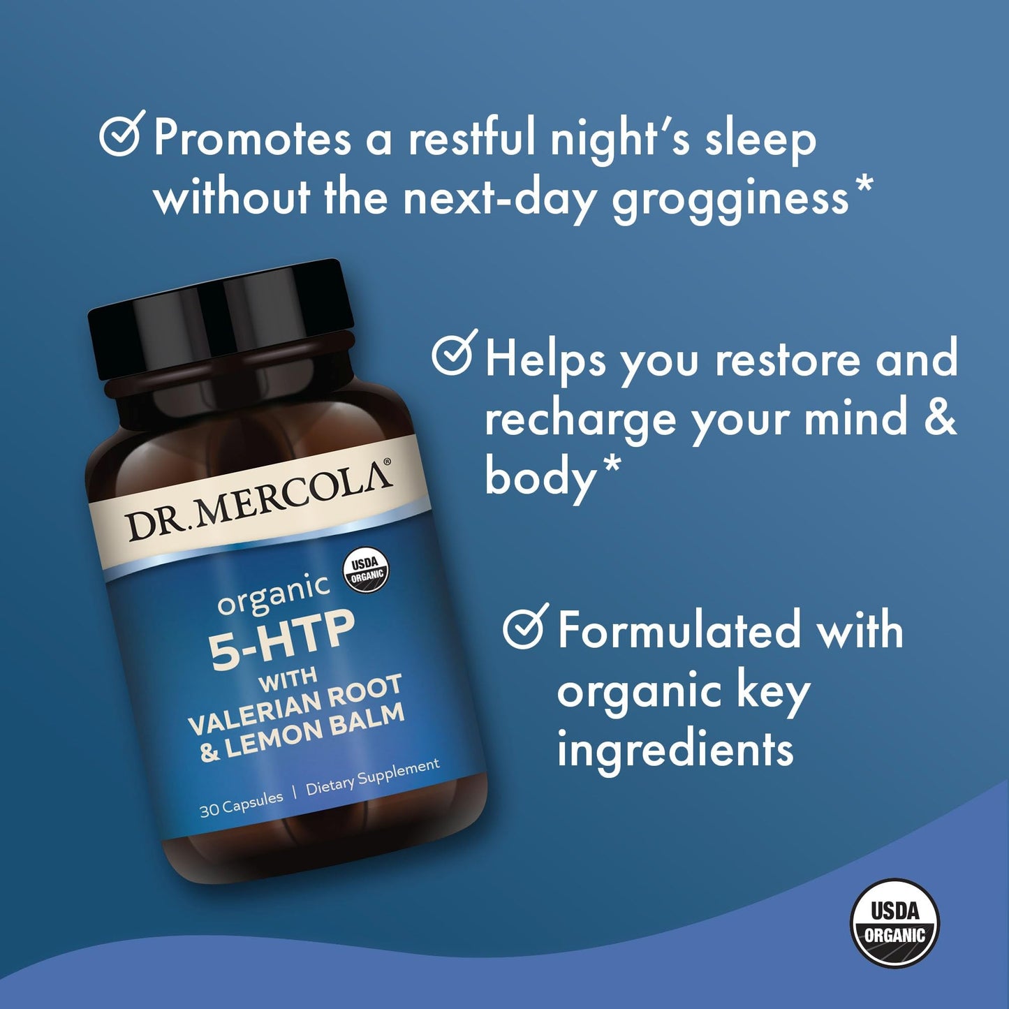 Dr. Mercola Organic 5-HTP with Valerian Root & Lemon Balm – Sleep Support, 30 Servings, Non-GMO, USDA Organic