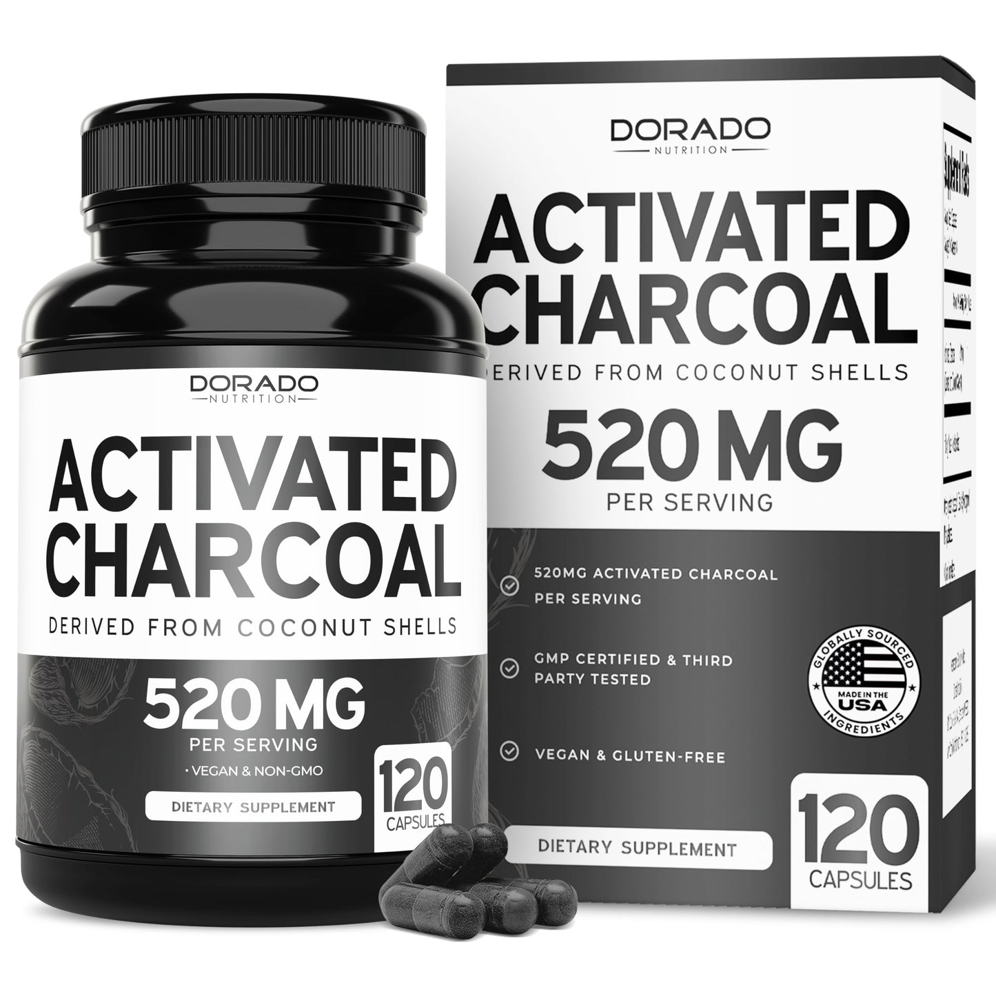 Organic Activated Charcoal Pills – 120 Capsules, 520mg per Serving – USA Made