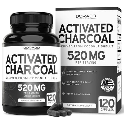 Organic Activated Charcoal Pills – 120 Capsules, 520mg per Serving – USA Made