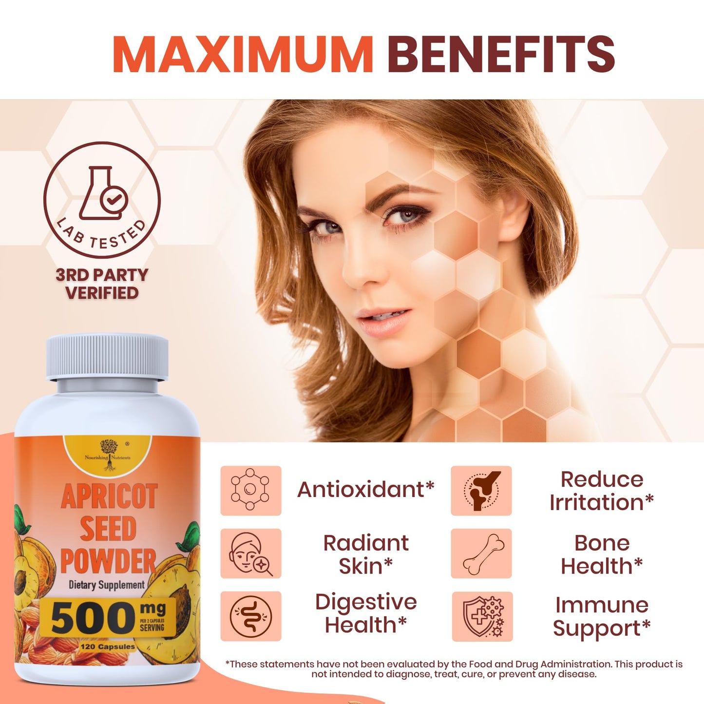 Organic Apricot Seeds Powder - 500mg Kernel Supplement, 120 Capsules