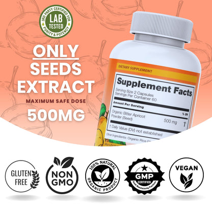 Organic Apricot Seeds Powder - 500mg Kernel Supplement, 120 Capsules