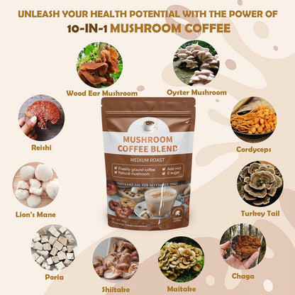 Organic Mushroom Coffee Blend with Lion's Mane, Cordyceps, Reishi, Shiitake & Turkey Tail