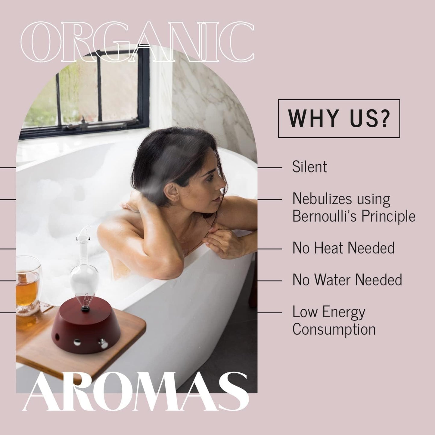 Organic Aromas Elegance Glass Nebulizer Diffuser – Waterless, BPA Free, Auto-Off (Lightwood)