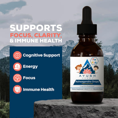 Ayush Herbs Ashwagandha Drops for Kids & Adults – Alcohol-Free Lemon Flavor, 2 oz (80 Servings)