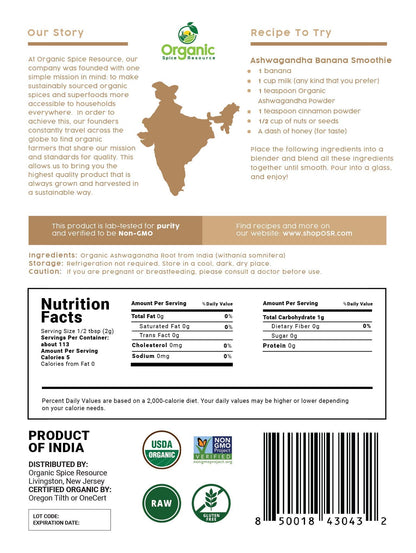 Organic Ashwagandha Root Powder - 8 oz | Lab Tested for Purity | Non-GMO | Resealable Kraft Bag | Withania Somnifera - Indian Ginseng | SHOPOSR