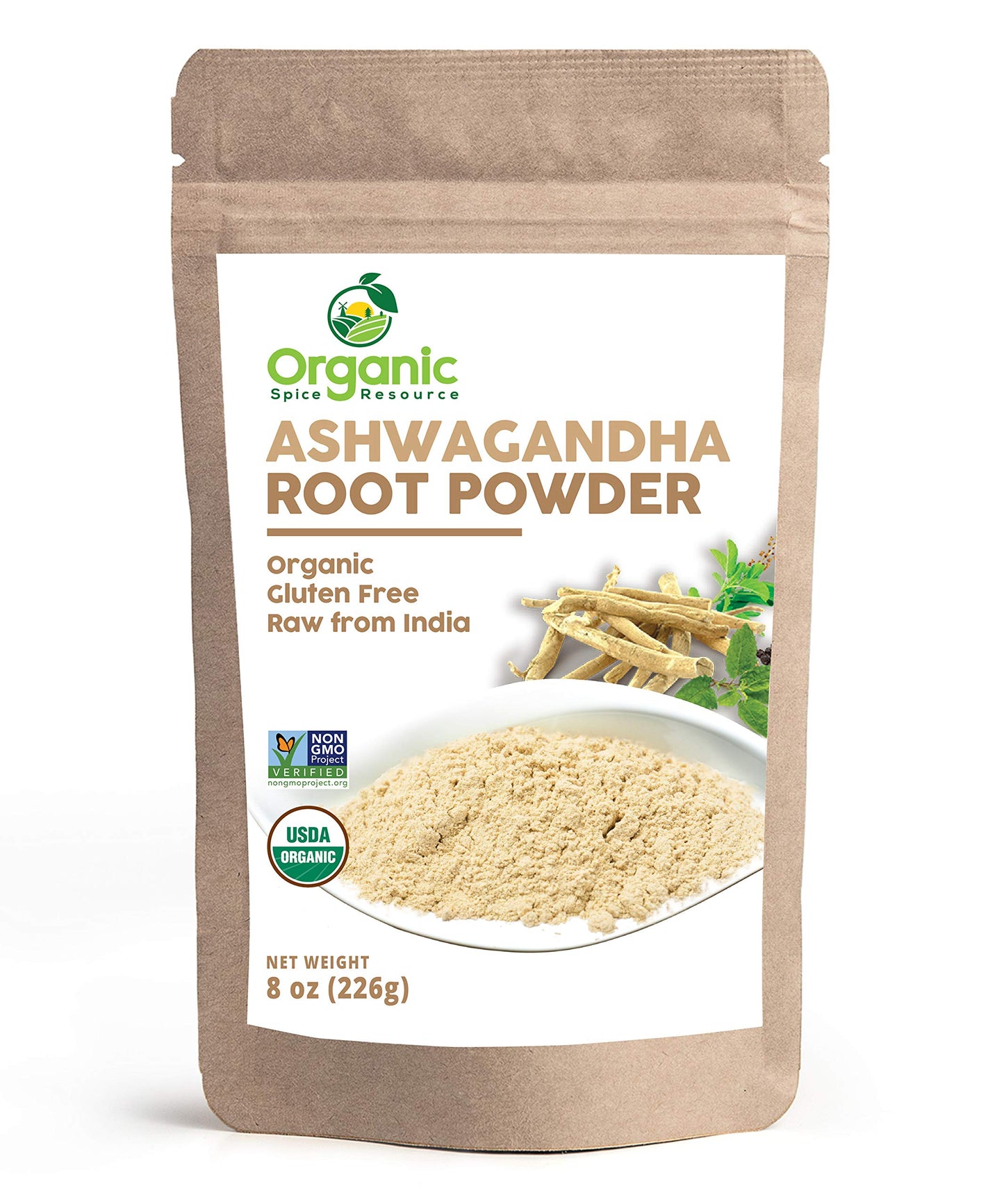 Organic Ashwagandha Root Powder - 8 oz | Lab Tested for Purity | Non-GMO | Resealable Kraft Bag | Withania Somnifera - Indian Ginseng | SHOPOSR