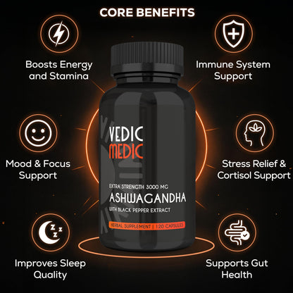 Vedic Medic Organic Ashwagandha Capsules Extra Strength 3000mg – Stress Relief, Mood & Energy Support (Vegan, Non-GMO)